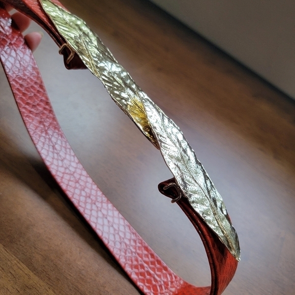 Vintage Red Faux Snakeskin Belt with Gold Tone Metal Leaves - Picture 8 of 16
